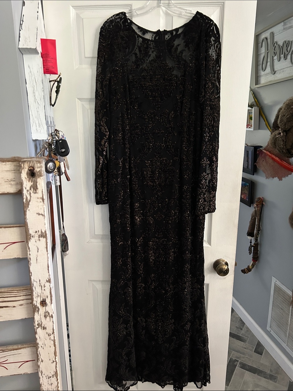 Black Long-Sleeve Sequin Lace Evening Gown